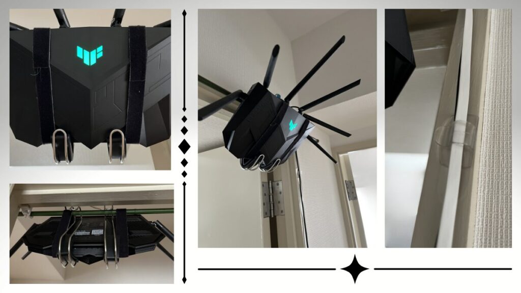 S字フックとマジックバンドでWiFiルーターを吊るした設置状況の詳細